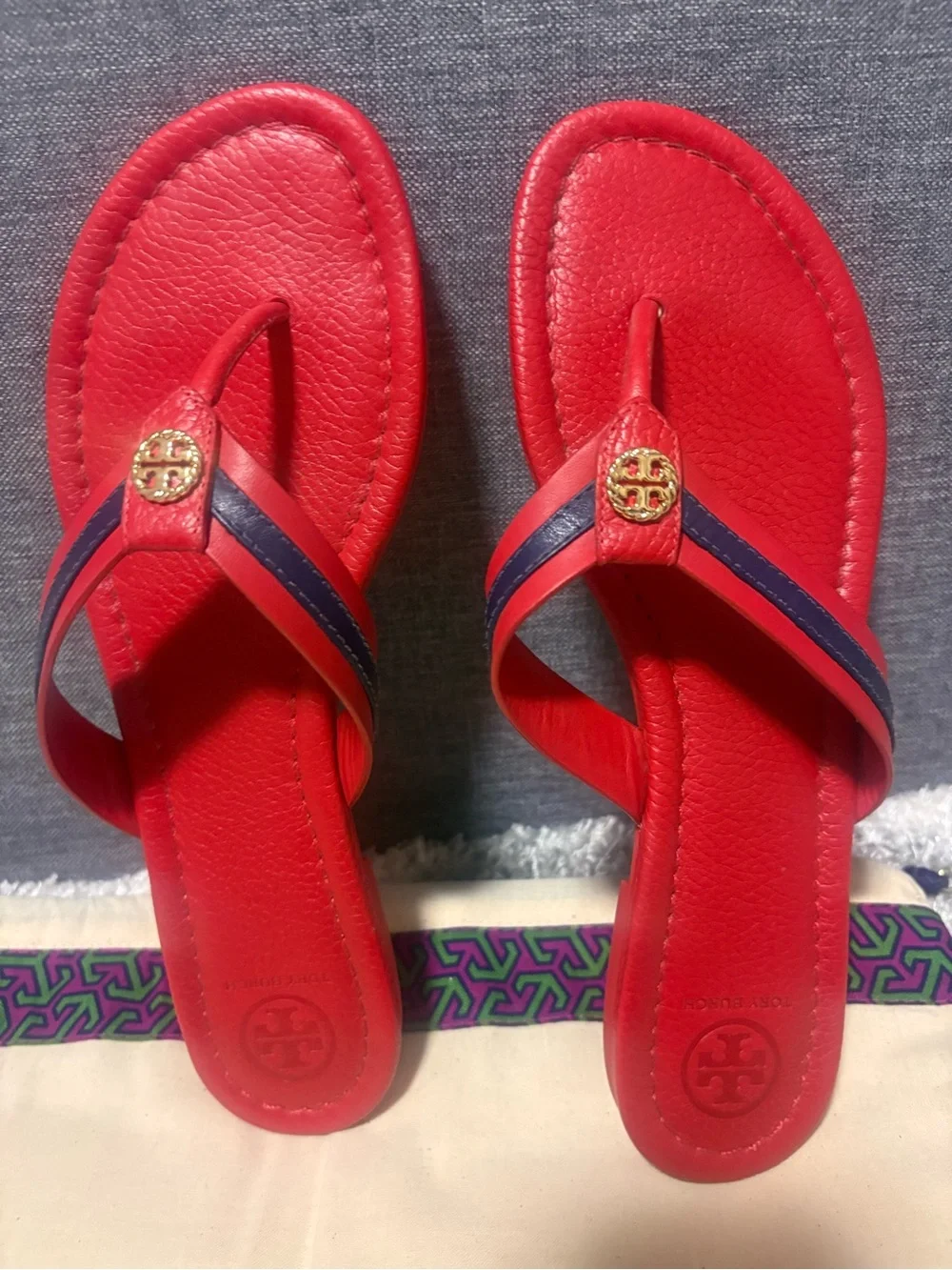 Tory Burch Red Leather Thong Sandals with Navy Trim